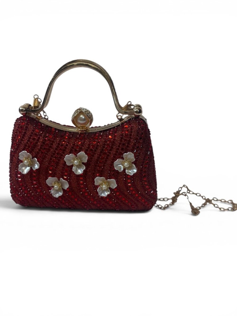 Red Beaded Evening Clutch Purse Faux Pearl Floral Top Handle Chain Bag New